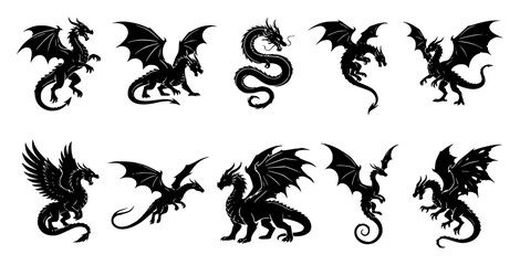 Fototapeta premium Dragon silhouette illustrations … set with simple line art design featuring outline, illustration, graphic elements with clean design and vector art