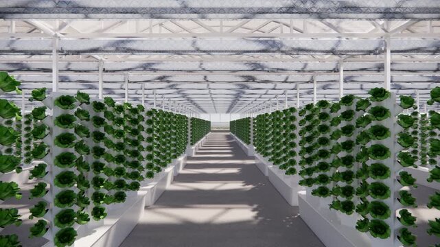 Realistic 3D Rendering Animation of Vertical Farming Facility with Rows of Smart Hydroponic Tower Systems Growing Fresh Green Lettuce Crops inside Modern Greenhouse
