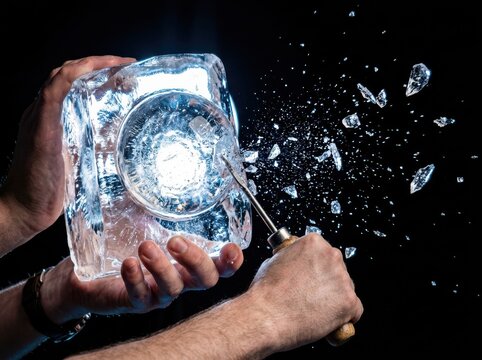 Ice Sculpture Carving with Hands and Chisel on Black Background