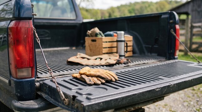 Pickup truck tailgate down with tools and supplies arranged in back, showing wooden crate, gloves, and water bottle. 