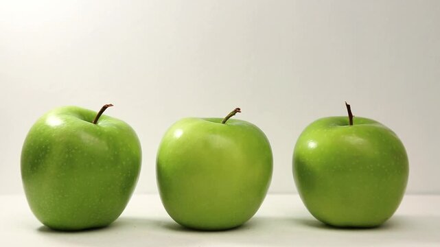 Three whole green apple isolated on white table. Single fruit on white studio background. Closeup