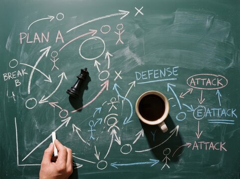 Chess strategy planning on chalkboard with coffee and tactical sketches