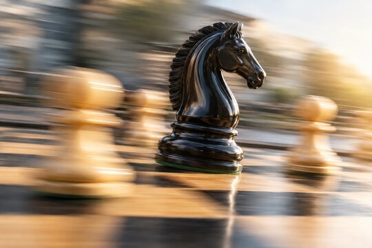 Black Chess Knight Moving Through White Pieces
