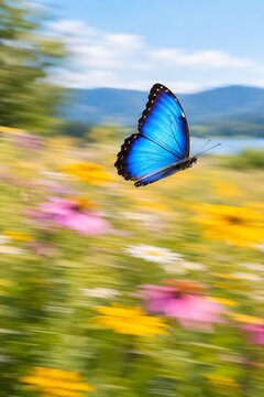 Blue Butterfly Flying Over Wildflowers