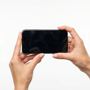 Hands holding smartphone horizontally on white background