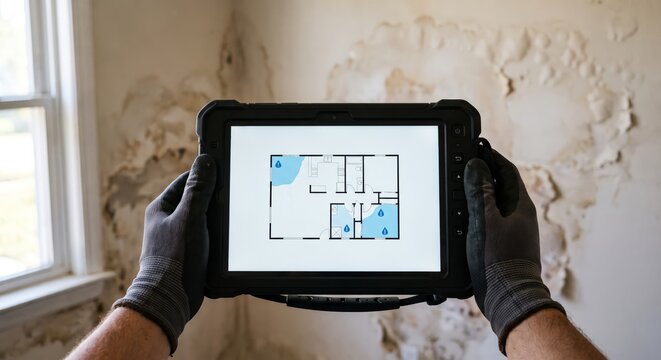 Person Holding Digital Tablet with Floor Plan in Renovating Room.