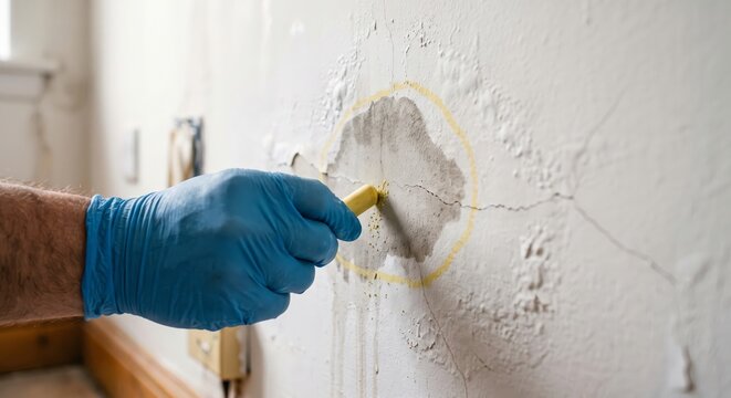 Repairing damaged wall surface with protective gloves and yellow tool.