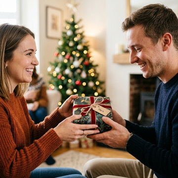 Couple exchanging Christmas gift in front of decorated tree