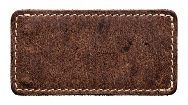 Brown leather label with white stitching on white background
