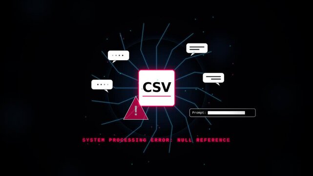 Futuristic digital interface with a CSV icon, warning triangle, and system crash messages, concept for software bugs and database parsing failures in IT troubleshooting presentations and programming