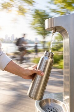 Refilling Reusable Bottle at Public Water Station