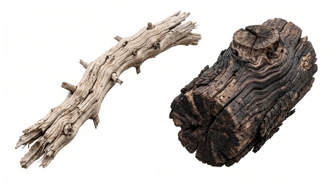 Two weathered driftwood logs isolated on white background