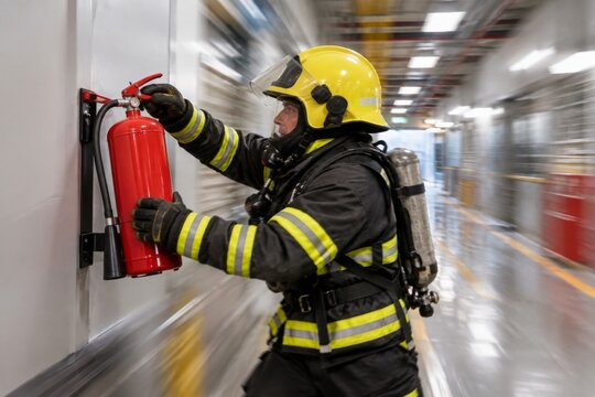 Firefighter Removing Extinguisher from Wall Bracket