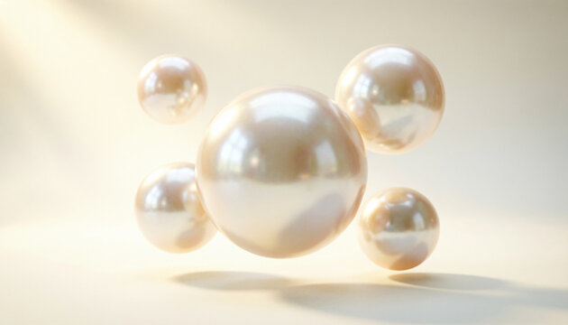 Composici&oacute;n abstracta 3D de esferas y perlas doradas flotantes sobre fondo neutro brillante.