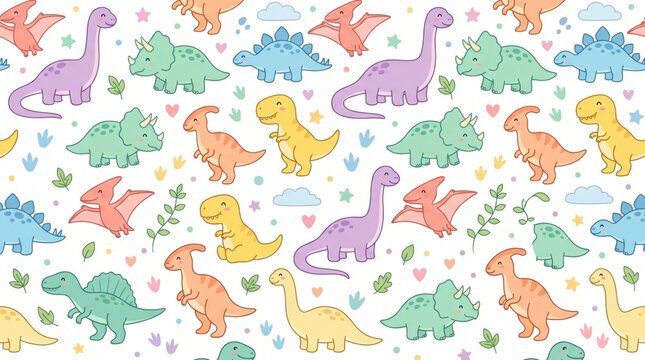 Dinosaur seamless pattern with cute cartoon dino, colorful kids background, nursery wallpaper, animal vector illustration, pastel print for baby fabric and room design.