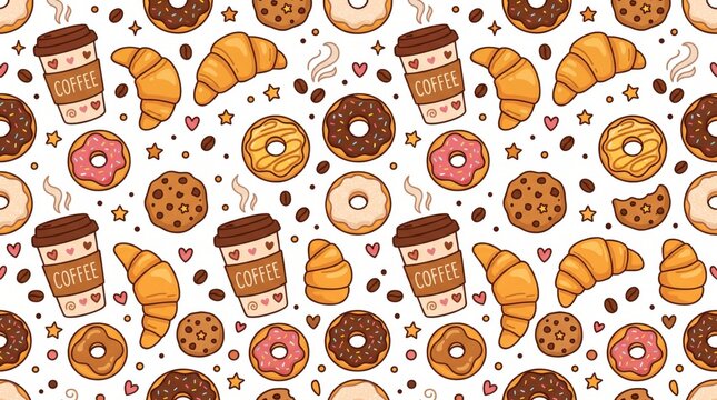 Coffee and bakery seamless pattern with croissant, donut, cookie, and coffee cup background for cafe wallpaper, menu design, food packaging, and cute vector print.