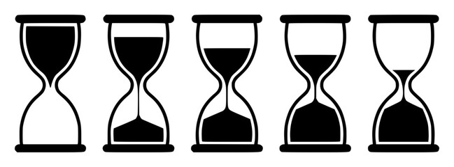 Fototapeta premium Five hourglass icons in set with simple line art design featuring sketches, drawings, vector graphics with minimalist and simple illustrations