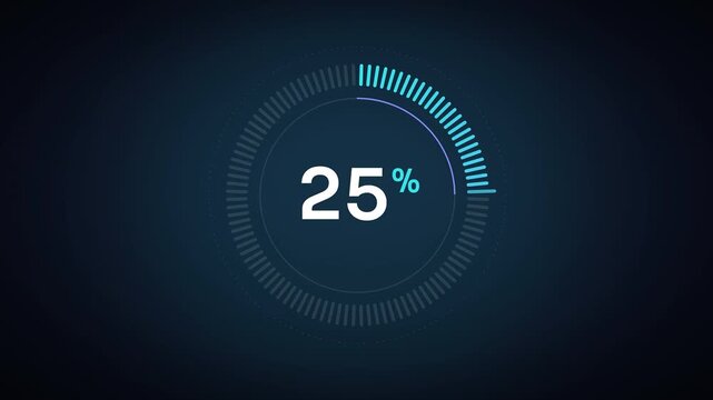 Cyan Blue Radial Percentage Counter Animation with Segmented Circular Progress Gauge on Dark Background Seamless Loop