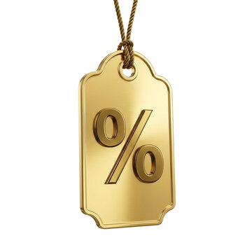 Golden percentage tag with rope on white background