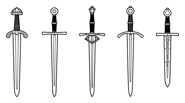 Five medieval swords arranged ho&hellip; set with simple line art design featuring sketches, drawings, vector graphics with minimalist and simple illustrations