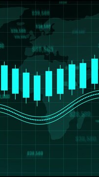Stock chart animation displays candlestick trends on world map Global financial market analytics update on the stock chart International trading revenue data guides active stock chart