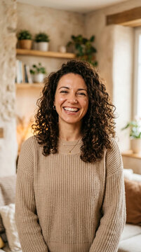 Woman smiling in cozy living room