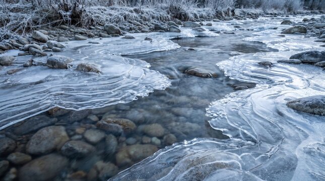 Transparent ice formation along edge of shallow winter stream overlapping smooth stone beneath surface. Frost pattern and frozen water texture detail. Cold seasonal nature background.