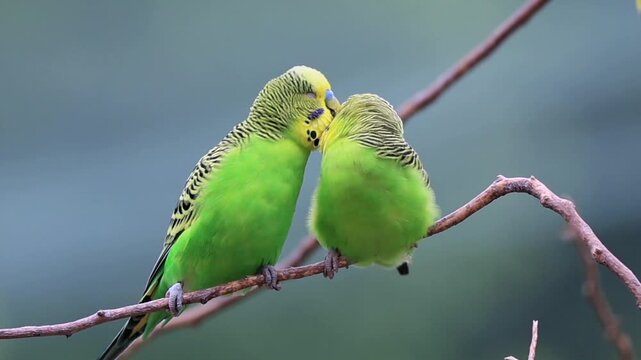 Budgerigar (Melopsittacus undulatus), adult, two, pair, male, female, social behaviour, waiting, Australia