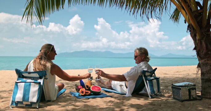 Senior couple man and woman relaxing under a palm tree on white sand beach, toasting white wine and enjoying a fruit picnic during a sunny, romantic tropical vacation in Thailand, Samui Island.