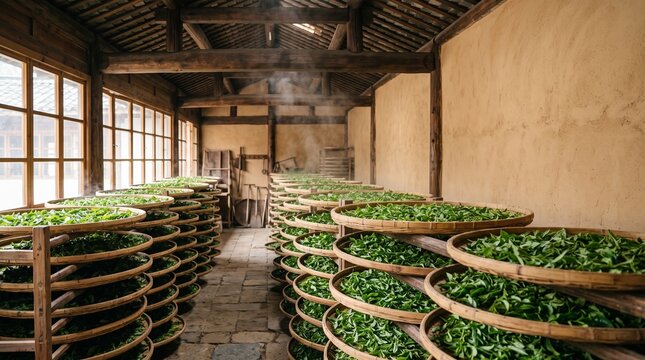 Rows of bamboo trays filled with fresh green tea leaves undergoing a drying process inside a rustic workshop