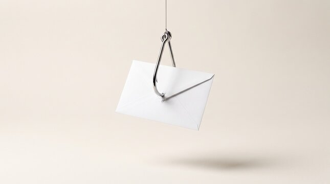 A white envelope dangling precariously from a fishing hook, symbolizing deception or bait