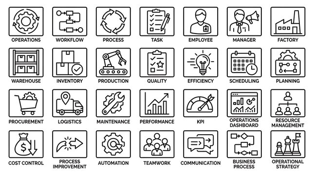 Business icons represent core operational functions including workflow, process improvement, automation, and teamwork for conceptual business presentations.