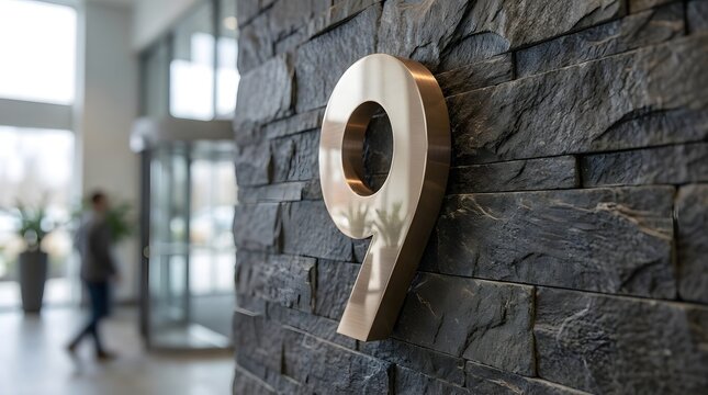 Golden Number Nine Sign Mounted on a Textured Stone Wall in a Modern Building Lobby.