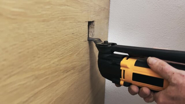 Carpenter Cutting Plywood Sheet with Electric Oscillating Multi Tool