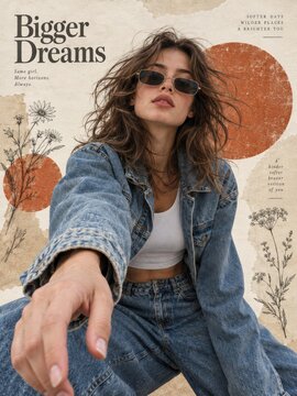 Young woman in denim jacket and sunglasses posing against a textured collage background