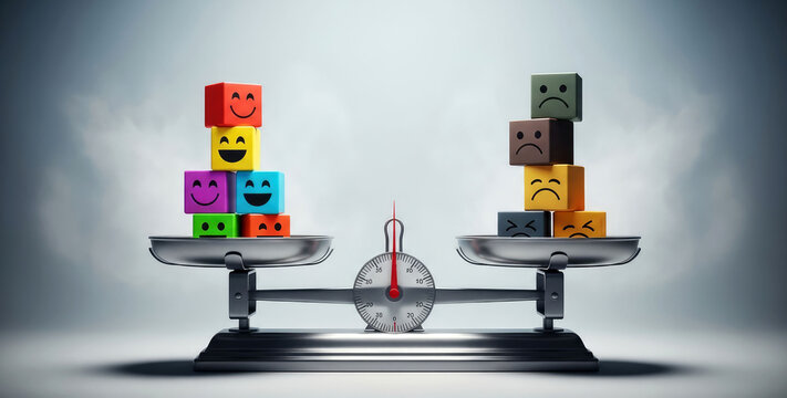 Balance between happy and sad emotions on a scale representing mental health and mood. Concepts for psychology and self-care.