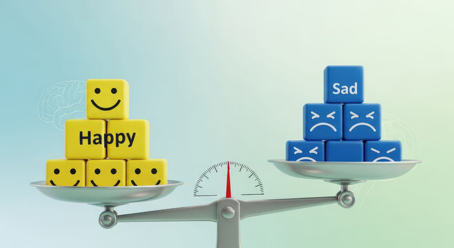 Balance between happy and sad emotions on a scale representing mental health and mood. Concepts for psychology and self-care.