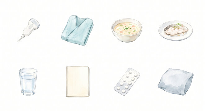 胆石と胆のうの検査と食事の注意 アイコンセット 水彩