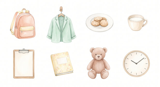 延長保育とお迎えの支度グッズ クリップアート 水彩