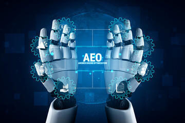Obraz premium Futuristic Robot Hands Presenting Digital Concepts of Answer Engine Optimization with Gears and Icons Against a High-Tech Background. Glyphic.