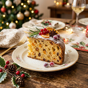 Slice of Panettone cake with Christmas decorations on a wooden table