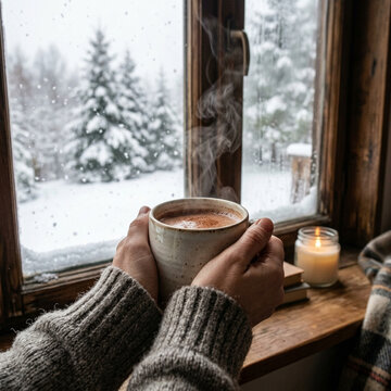 Cozy Winter Scene Holding Hot Chocolate by Snowy Window
