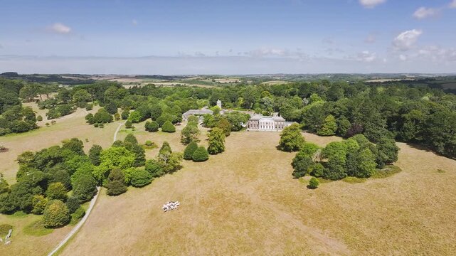 Trelissick House and Garden from drone, Carrick Roads, River Fal, Feock, Truro, Cornwall, UK