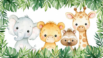Obraz premium Cute safari animals watercolor frame for baby nursery featuring elephant, bear, sloth, and giraffe surrounded by green leaves Generative AI