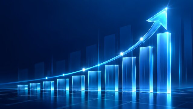 Glowing blue transparent bar chart with ascending arrow showing financial growth and digital business success