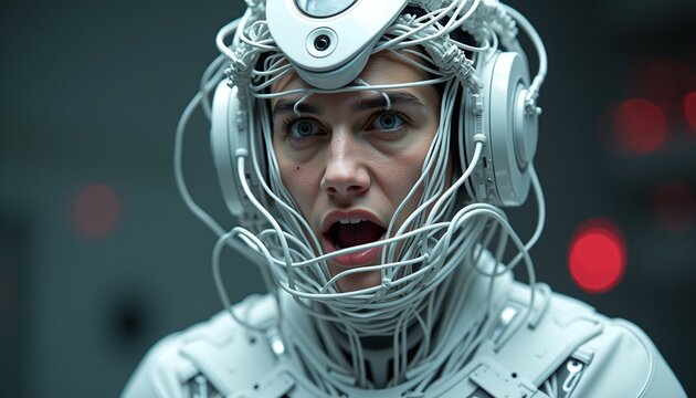 Futuristic Human with Wired Neural Interface Headgear