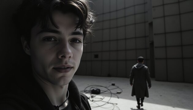Close-up of young man with distant figure in industrial interior