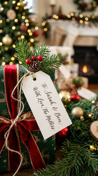 Christmas Gift with Tag and Festive Decorations