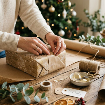 Person wrapping a Christmas gift with festive paper and decorations