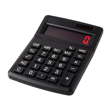 Black electronic calculator with red digital display showing zero for Black Friday sales and discounts PNG Isolated on transparent background